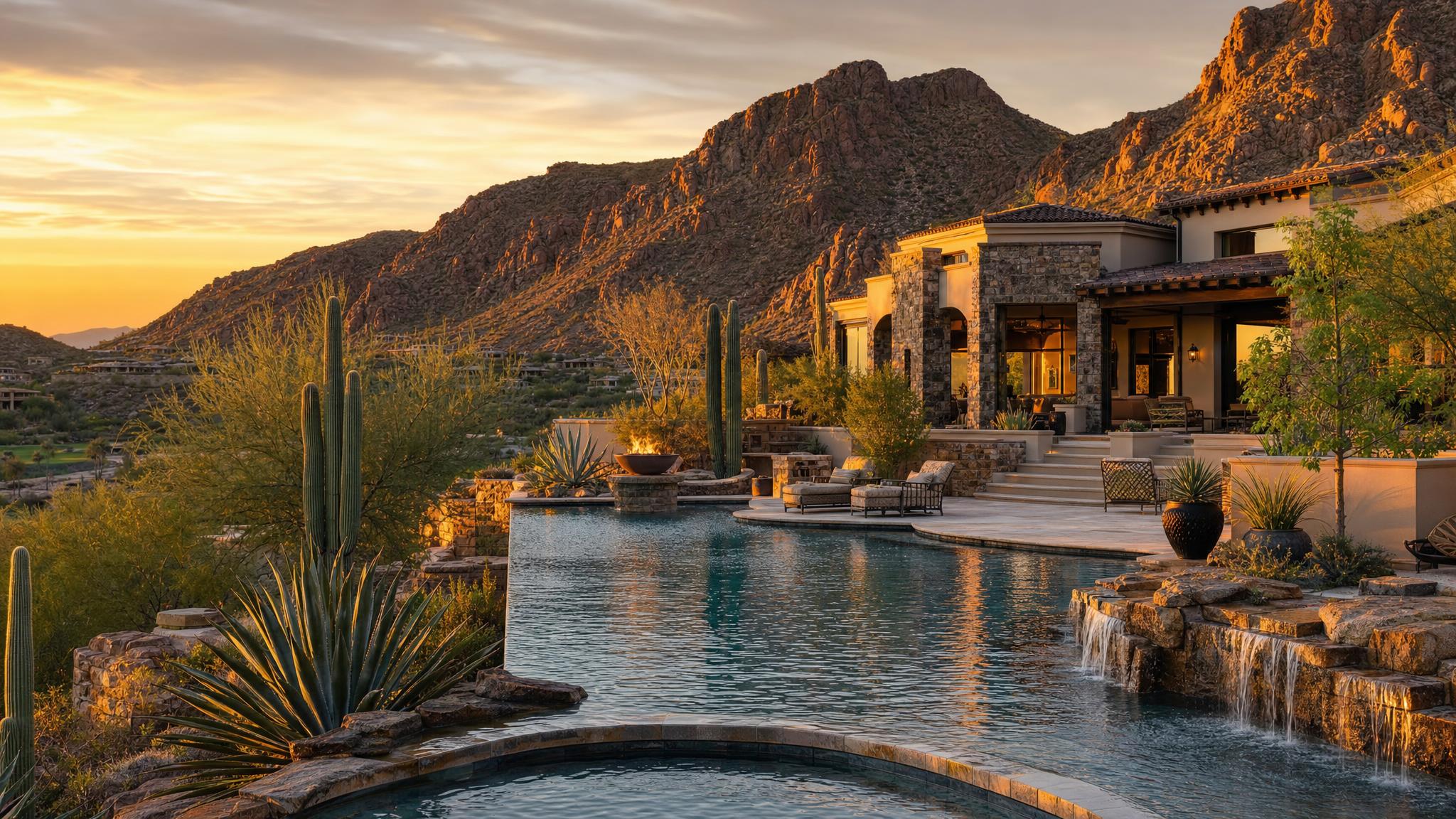 Luxury resort-style pool and desert landscaping at a Paradise Valley estate with Camelback Mountain in the background at golden hour